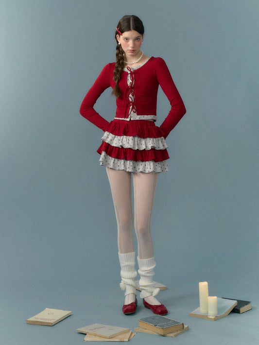 Splicing Strap Cardigan & Cake Skirt