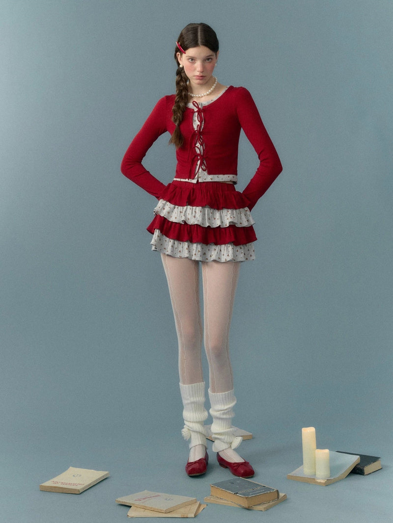 Splicing Strap Cardigan & Cake Skirt