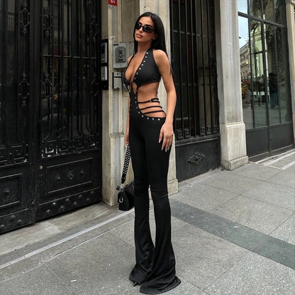 Popular Summer Sleeveless Lace Up Backless Slightly Flared Wide Leg Jumpsuit for