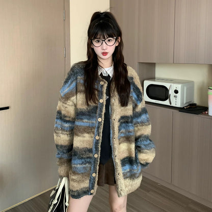 Oversized Fuzzy Striped Button-up Cardigan