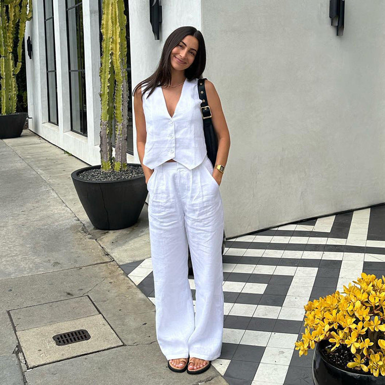 Clothing Summer Cotton Linen Sleeveless Vest Waistcoat Trousers Two Piece Set Set