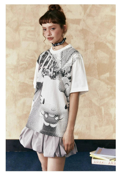 Ezek Artistic Halftone Print White Oversized T-shirt and Gray Pleated Mini Skirt Set - Urban