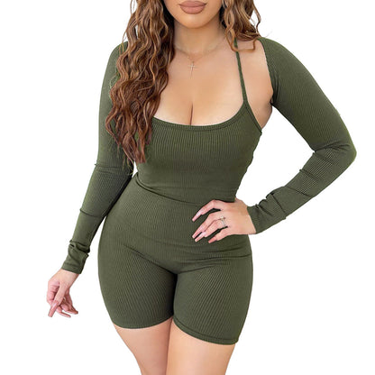 Clothing Goods Color Rib Fabric Shawl Backless Lace Up Jumpsuit Two Piece Set