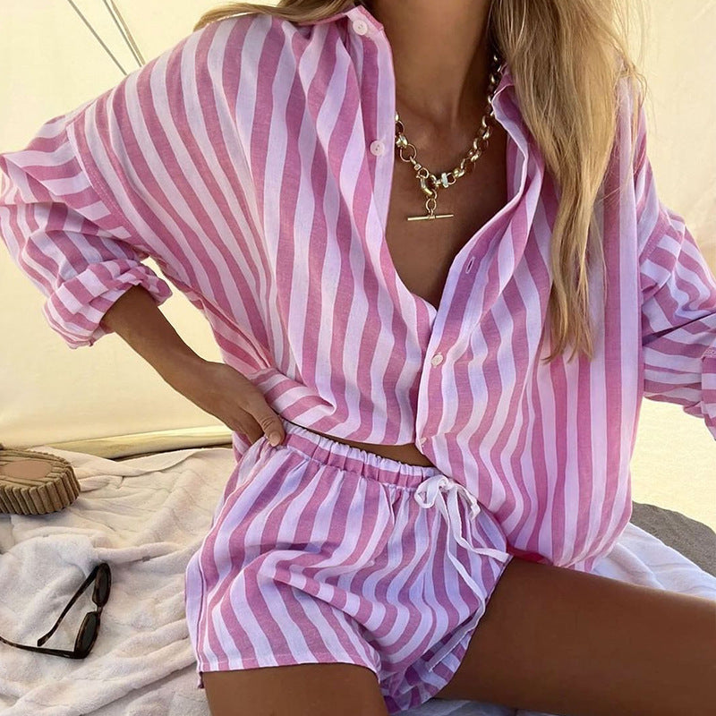 Summer Clothing Loose Cardigan Top Striped Shorts Two-piece Set