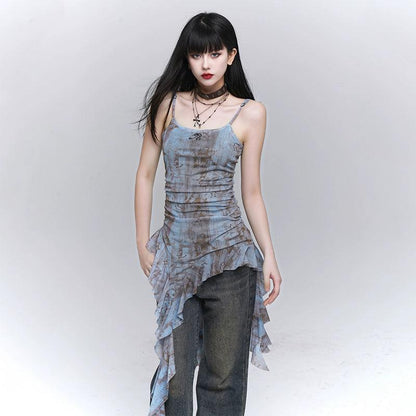 Ladyghost Grunge Fairy Asymmetrical Cami Dress - Tie-dye Ruched Mini Dress With Ruffle Hem
