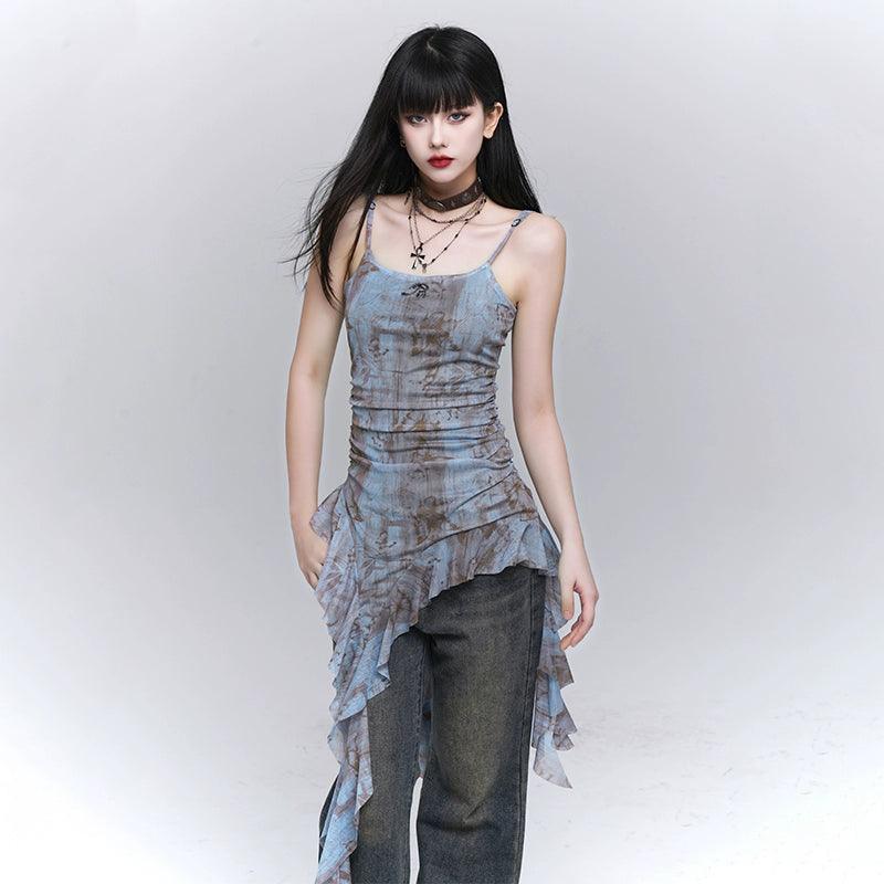 Ladyghost Grunge Fairy Asymmetrical Cami Dress - Tie-dye Ruched Mini Dress With Ruffle Hem