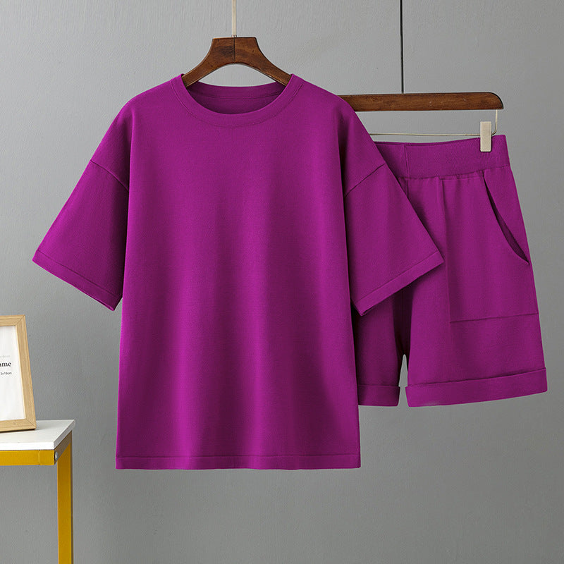 Color Round Neck Short Sleeve T Shirt Shorts Set Summer Loose Outer Wear Ice Silk Two Piece Suit