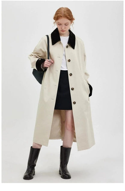 New Retro Color-block Long Trench Coat