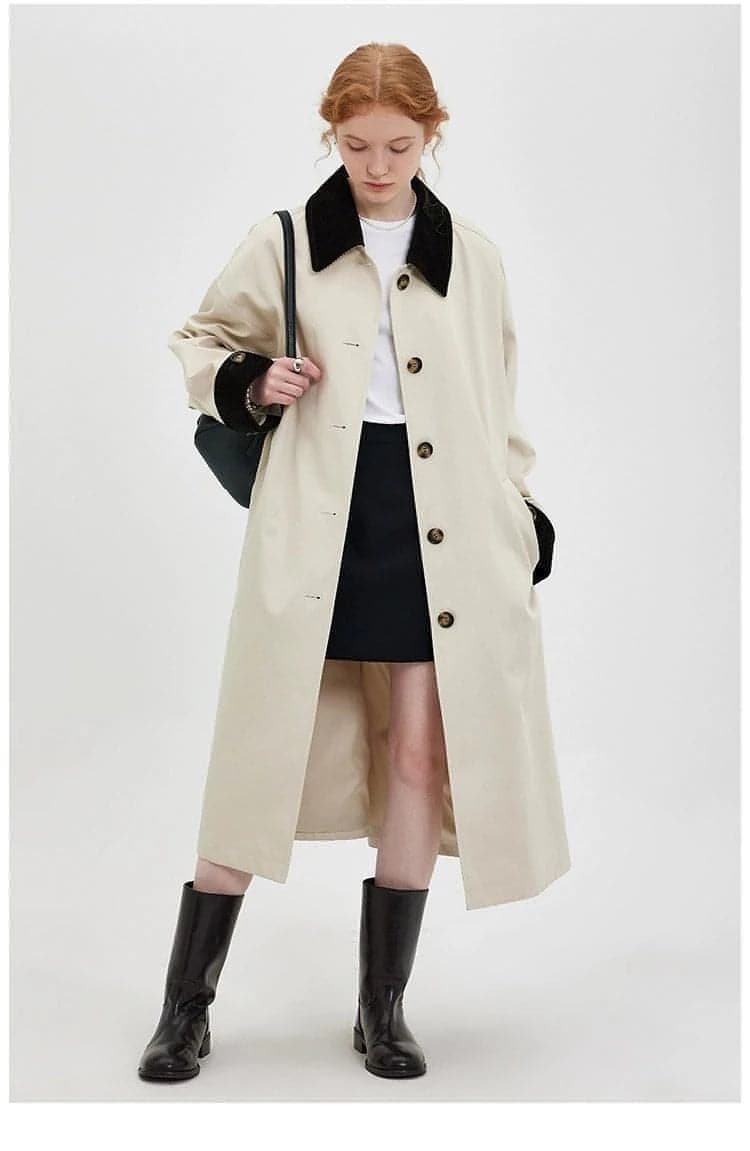 New Retro Color-block Long Trench Coat