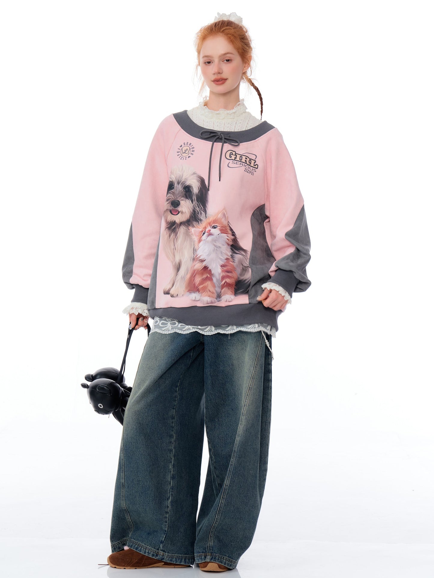 Cat and Dog Print Two-tone Sweatshirt