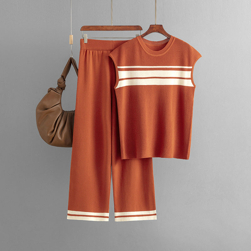 Suit Loose Contrast Color Striped Sleeveless Top High Waist Wide Leg Pants Two Piece Set