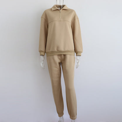 Long Sleeved Zipped Stand Collar Sweater Suit Autumn Winter Comfort Loose Sports Sweater Two Piece Set