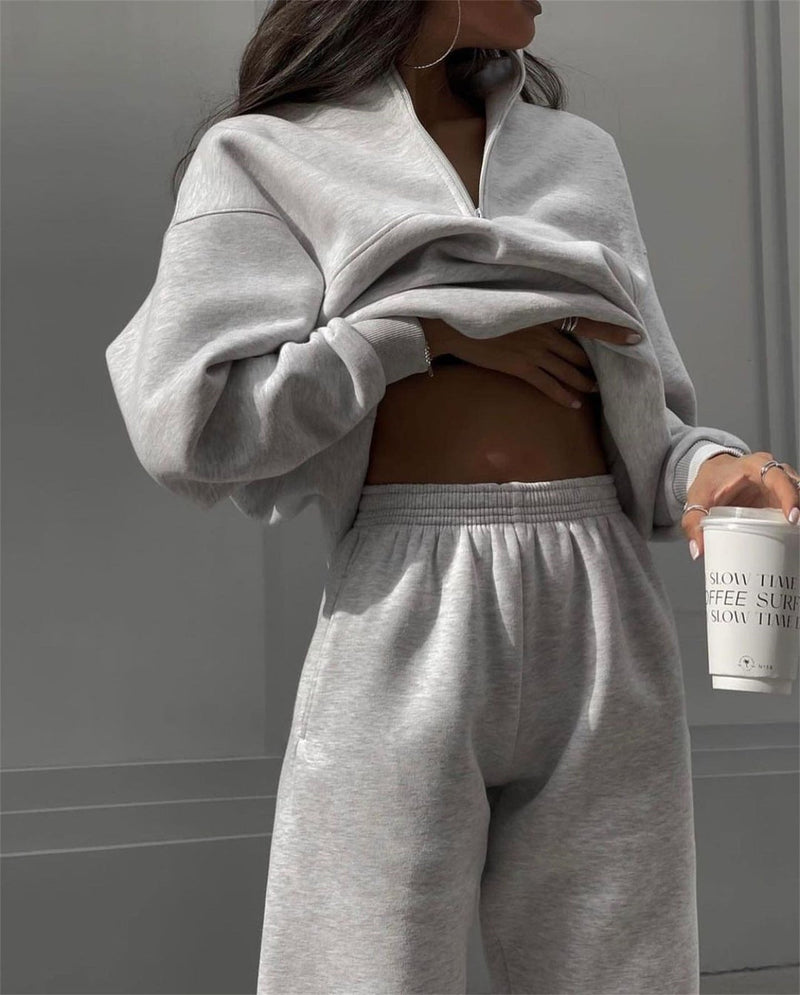 Long Sleeved Zipped Stand Collar Sweater Suit Autumn Winter Comfort Loose Sports Sweater Two Piece Set