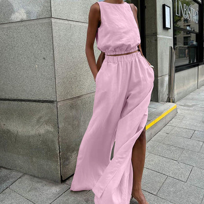 Cotton Linen Sleeveless Vest Split Wide Leg Pants Suit Spring Summer Two Piece Suit