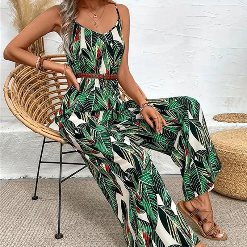 Clothing Printed Suspender Wide Leg Pants Draping Effect Trousers Suspender No Belt Jumpsuit