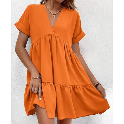 Color Loose Waist Midi Dress V Neck Dress for