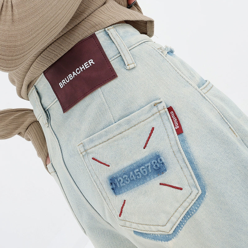 Light Blue Loose Straight Wide-leg Denim Pants With Embroidery Design