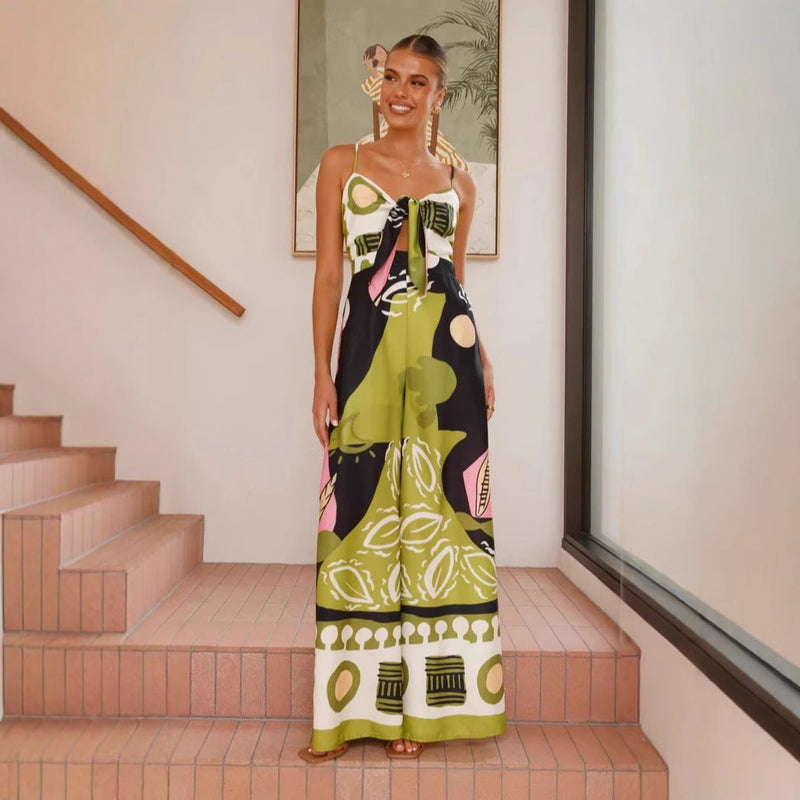 Spring Summer Jumpsuit Cropped Print Sling Wide Leg Jumpsuit