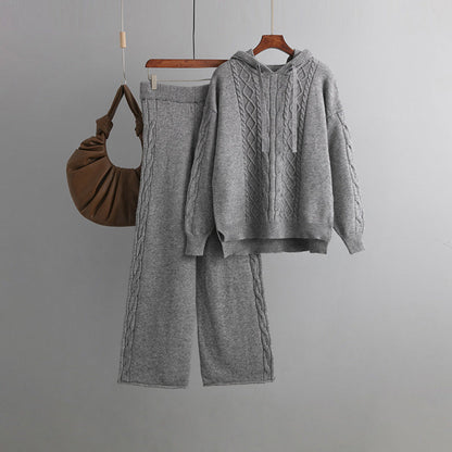 Autumn Winter Suit Hoodie With Drawstrings Loose Sweater Draping Wide Leg Trousers Twist Two Piece Suit