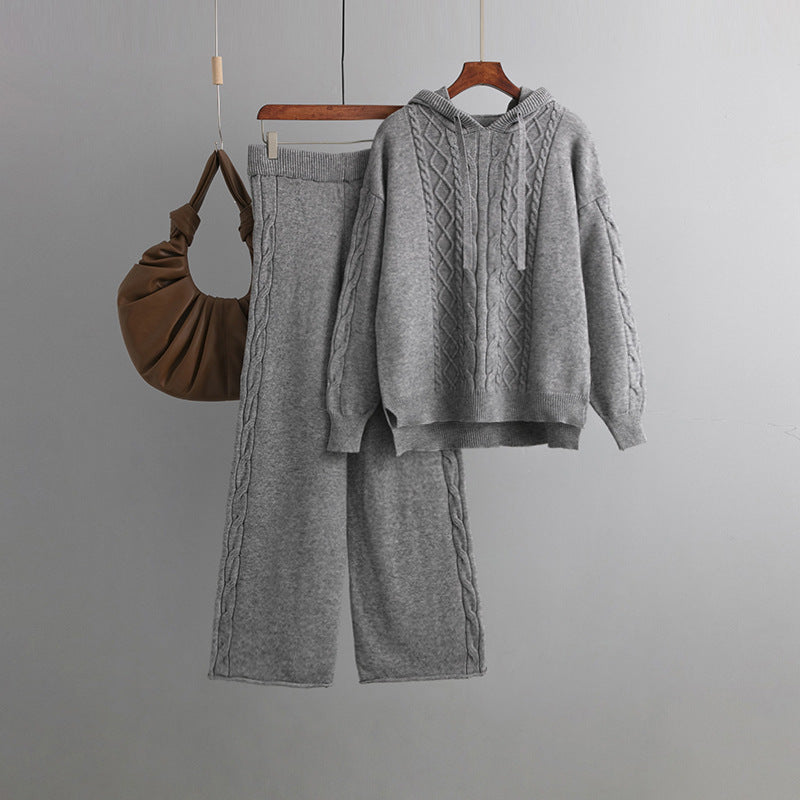 Autumn Winter Suit Hoodie With Drawstrings Loose Sweater Draping Wide Leg Trousers Twist Two Piece Suit
