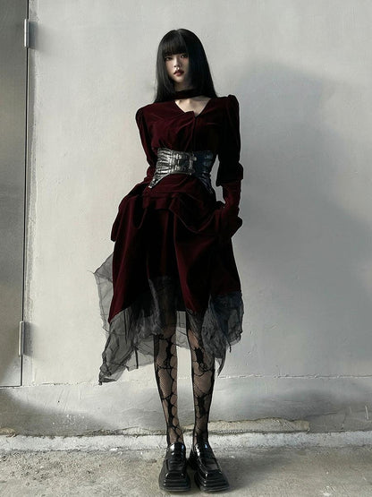Ladyghost Gothic Victorian Maxi Dress - Burgundy Velvet and Black Mesh Layered Gown With Corset Belt
