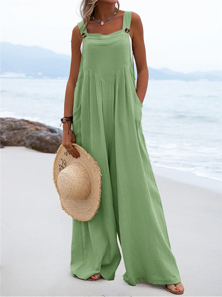 Summer New National Color Buttons Sling Wide Leg Trousers Jumpsuit