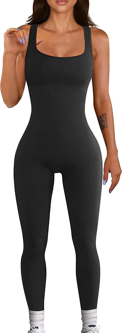 Summer Yoga Jumpsuit Ribbed Square Collar Sleeveless Sports Jumpsuit Trousers