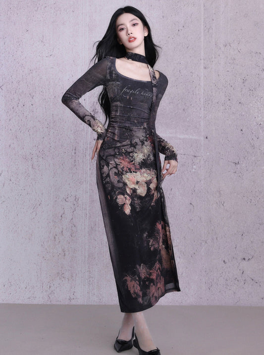 Enchanting Midnight Bloom Maxi Dress: Long-sleeve Bodycon With Print and Choker Detail
