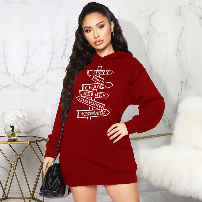 Sweater Autumn Winter Printing Hooded Mid Length Top
