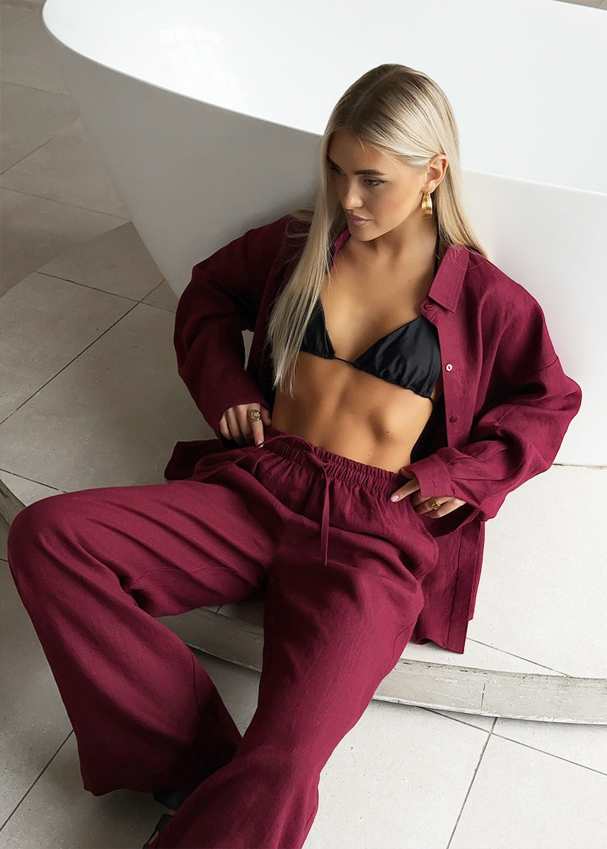 Merlot – Relaxed Cotton Shirt & Wide-leg Pants Set