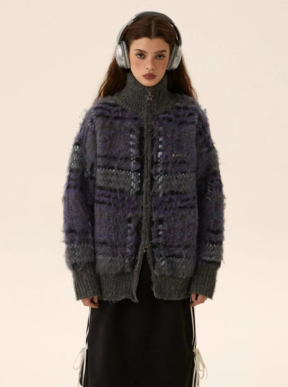 Mohair Knit Zipper Cardigan Sweater Coat
