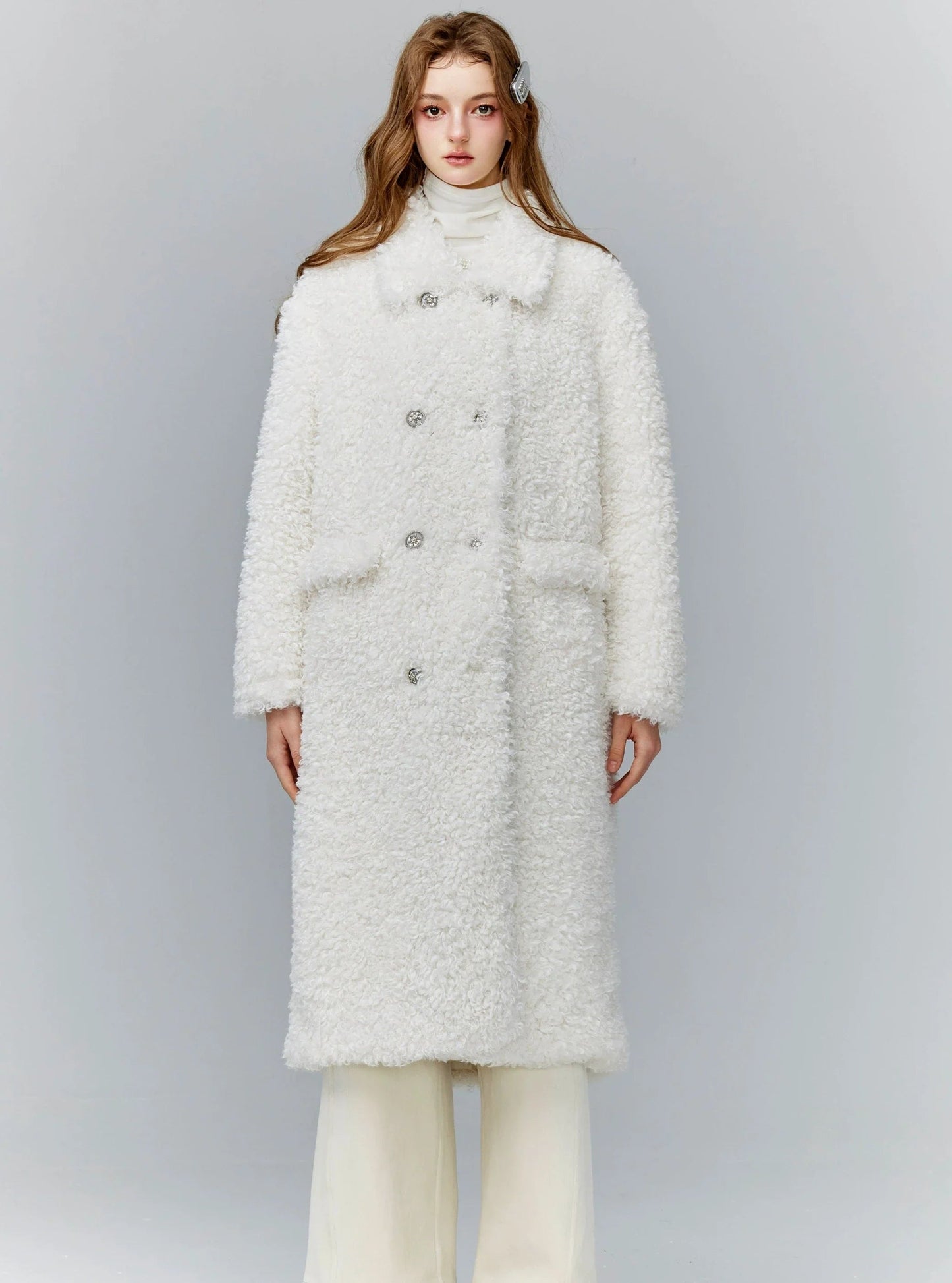 Luxurious White Teddy Bear Coat: Double-breasted Faux Fur Longline Outerwear