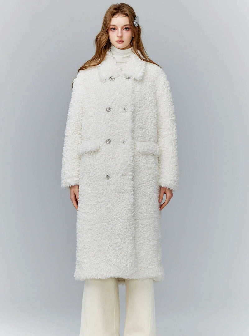 Luxurious White Teddy Bear Coat: Double-breasted Faux Fur Longline Outerwear