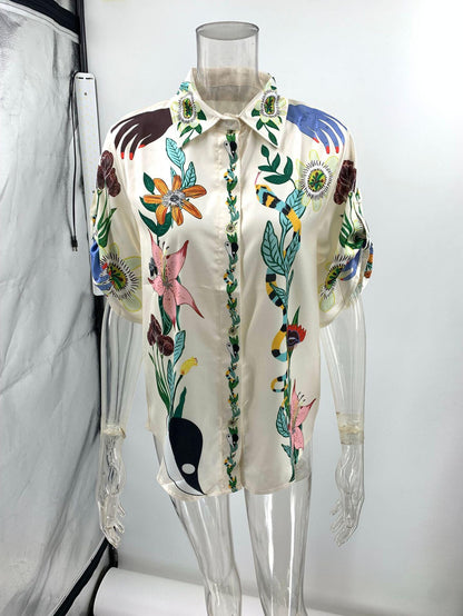 Graffiti Print Satin Short Sleeve Shirt & Pant Coord Set