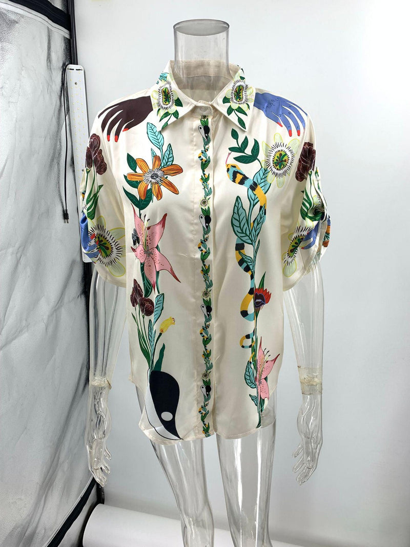 Graffiti Print Satin Short Sleeve Shirt & Pant Coord Set