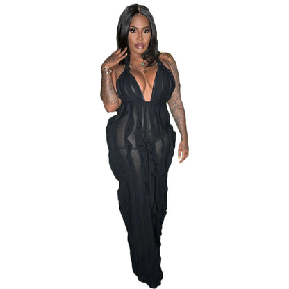 Clothing Spring Summer Wave Pattern Bandeau High Waist Jumpsuit