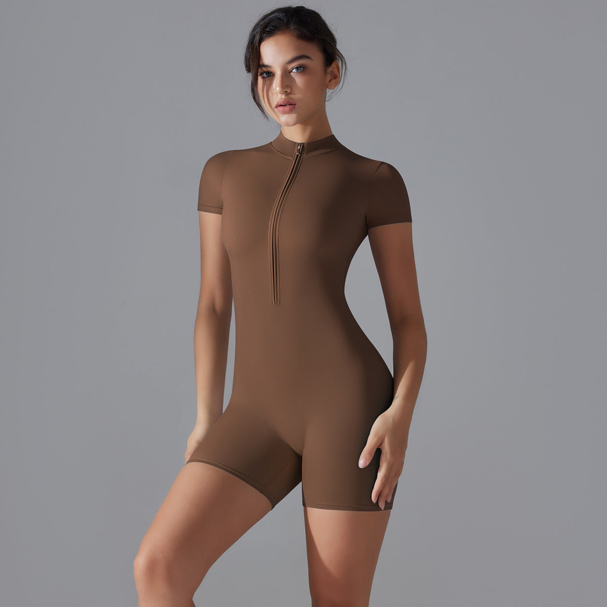 Summer Color Zipper Short Sleeve Slim Fit Yoga Wear One Piece Dance Fitness Tight Sports Jumpsuit