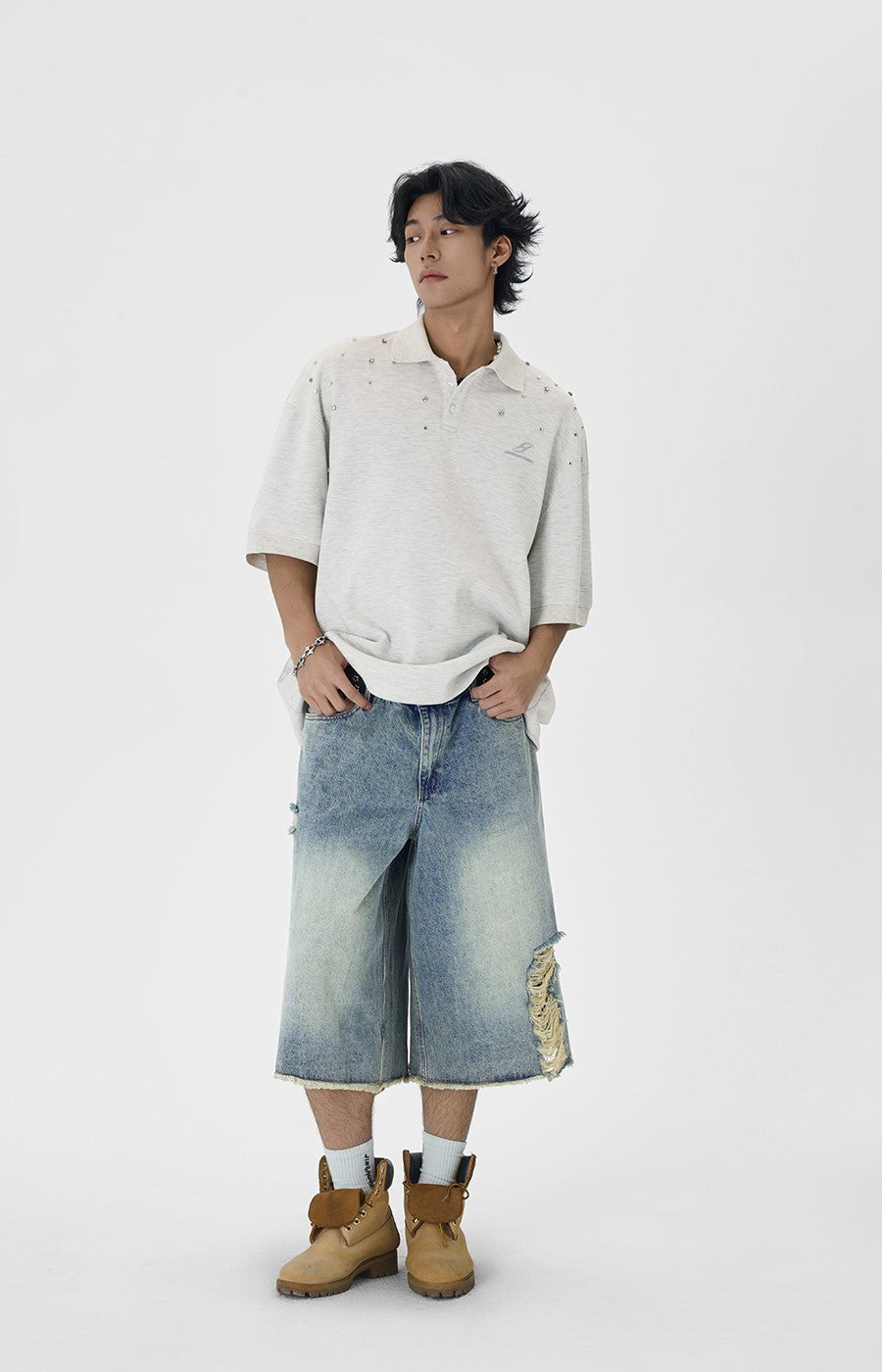 Distressed Wide Leg Denim Capri Cut Shorts