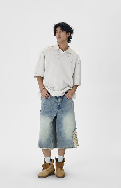 Distressed Wide Leg Denim Capri Cut Shorts
