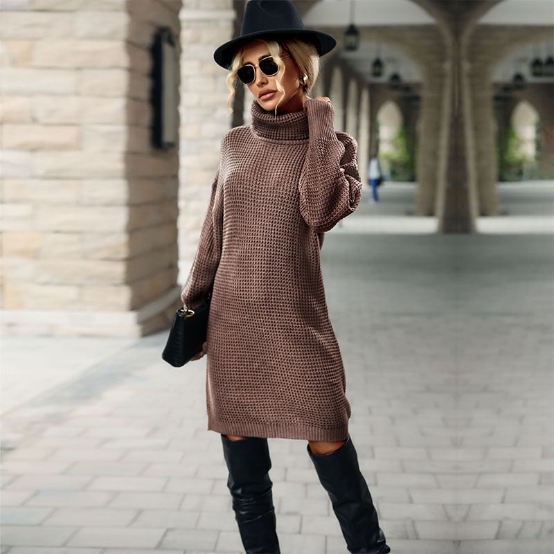 Long Sleeve Color High Collar Sweater Dress Autumn Winter