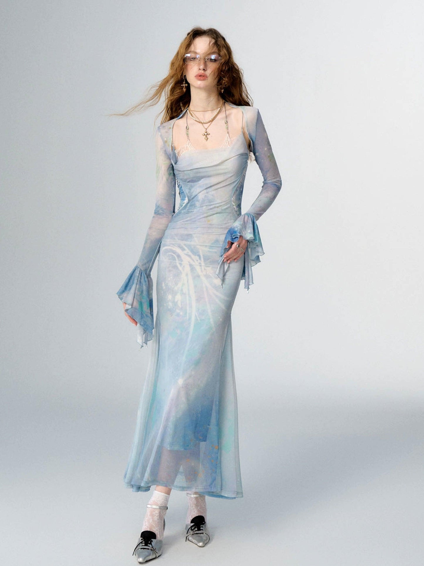 Sky Blue Watercolor Mermaid Maxi Dress Set