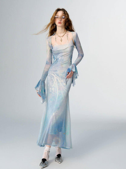 Sky Blue Watercolor Mermaid Maxi Dress Set