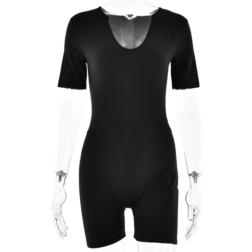 Popular Tight Jumpsuit Spring Summer Short Sleeve V Neck Patchwork Bottoming Shirt