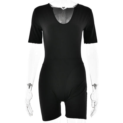 Popular Tight Jumpsuit Spring Summer Short Sleeve V Neck Patchwork Bottoming Shirt