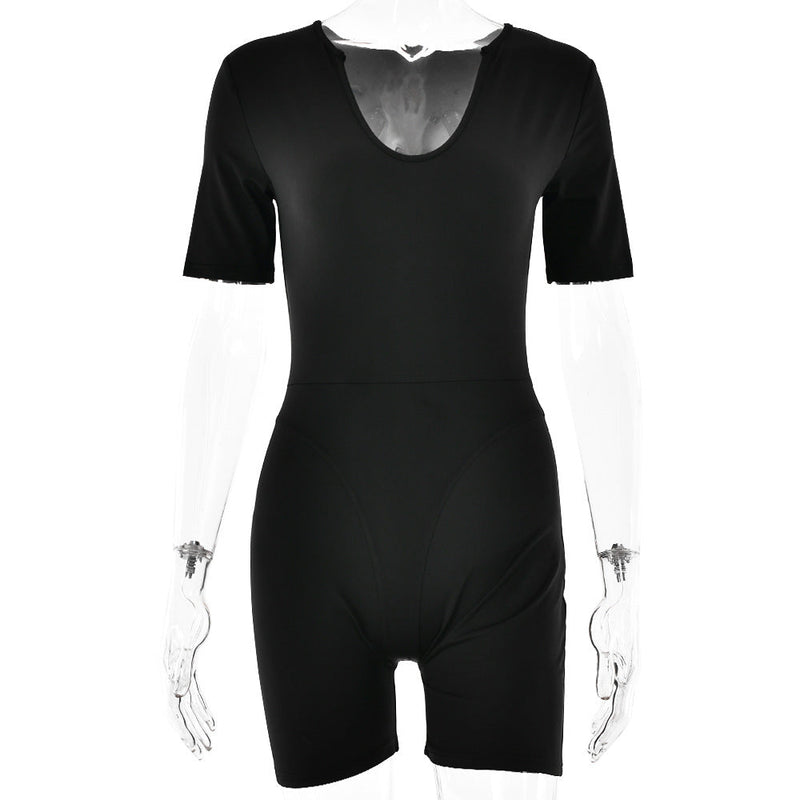 Popular Tight Jumpsuit Spring Summer Short Sleeve V Neck Patchwork Bottoming Shirt