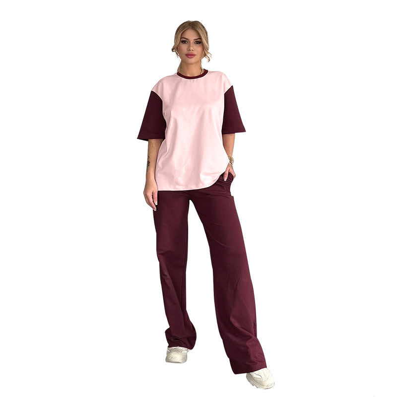 Summer Contrast Color Round Neck Short Sleeved T Shirt Wide Leg Pants Two Piece Sets