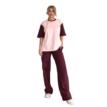 Summer Contrast Color Round Neck Short Sleeved T Shirt Wide Leg Pants Two Piece Sets