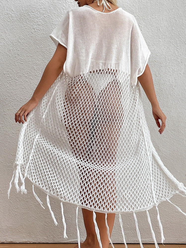 White Hollow Out Tassel Sleeve Conjoined Blouse Beach