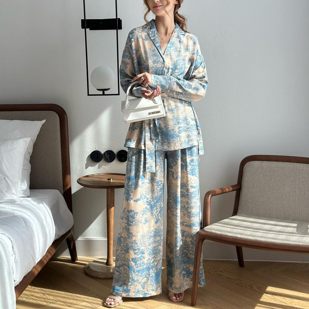 French Print Long Sleeve Lace Up Shirt High Waist Wide Leg Pants Sets