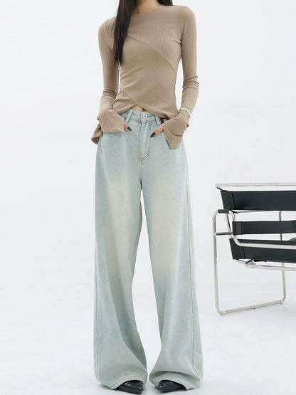Light Blue Loose Straight Wide-leg Denim Pants With Embroidery Design